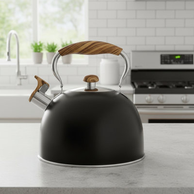 Black 2.6 Qt Whistling Teapot, Stainless Steel Wood Handle, Stovetop Compatible