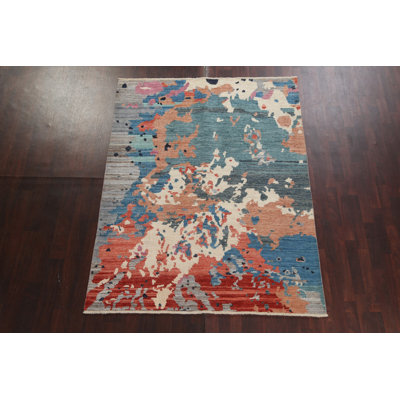Tapis unique en laine noué à la main 5 pi 9 po x 7 pi 9 po nouvel âge en rouge / beige / bleu