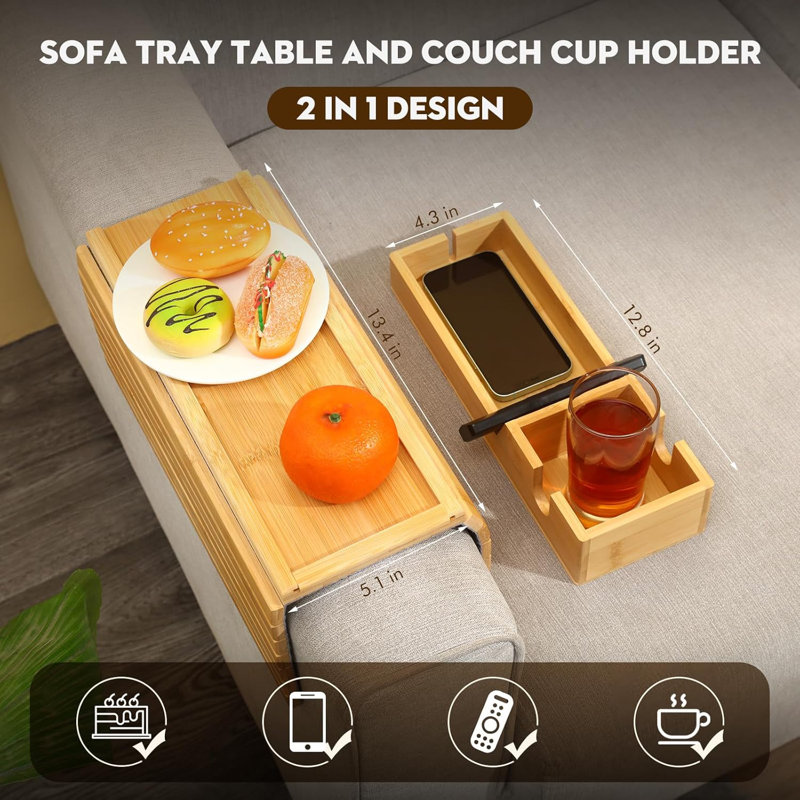 Bamboo Couch Arm Tray,Sofa Armrest Tray With Detachable Couch Cup Holder Tray, 2 In 1 Design Foldable Anti Falling Bamboo Couch Tray And Sofa Cup Holder For Cups Snacks Remote Cellphone