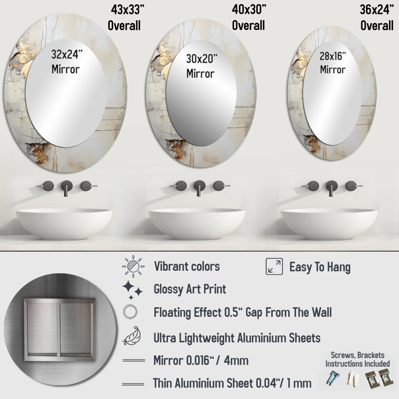 Gris et blanc Nature Split - Miroir décoratif ovale abstrait sur métal, H 36 po x l 24 po