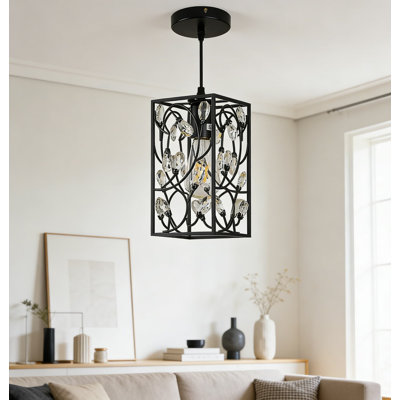 Modern Mini Crystal Pendant Light With Metal Cage, Rectangular 1-Light Fixture For Kitchen Island, Dining Room, Farmhouse Decor In Matte Black Finish