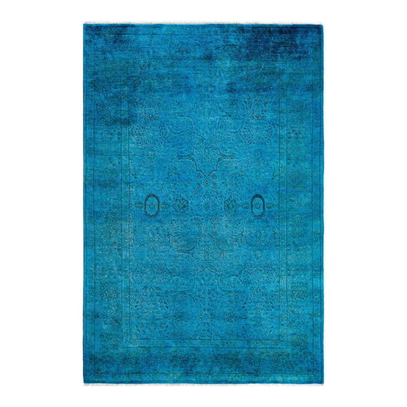 Tapis unique noué à la main Fine Vibrance - bleu, 4 pi 3 po x 6 pi 3 po