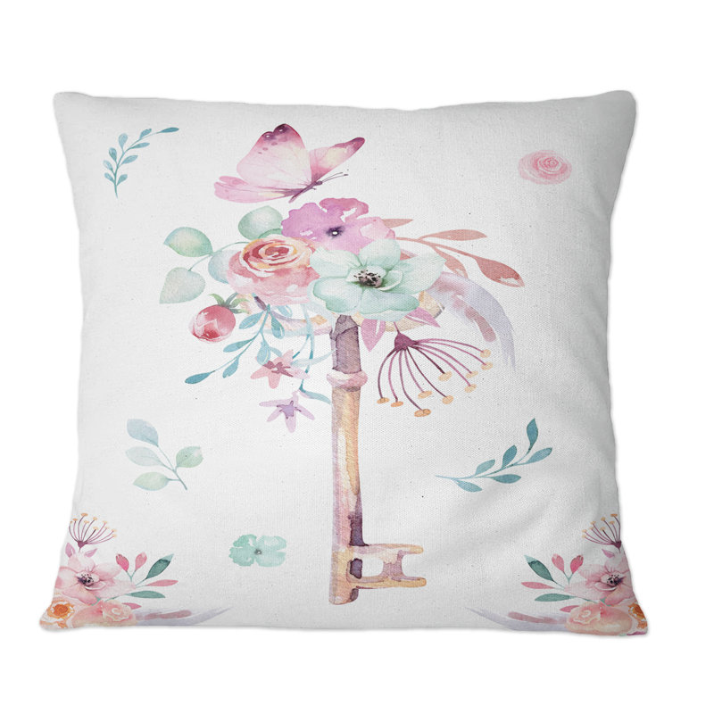 Fleurs et clés dans un style fantastique - Coussin décoratif à imprimé traditionnel, 18 po x 18 po