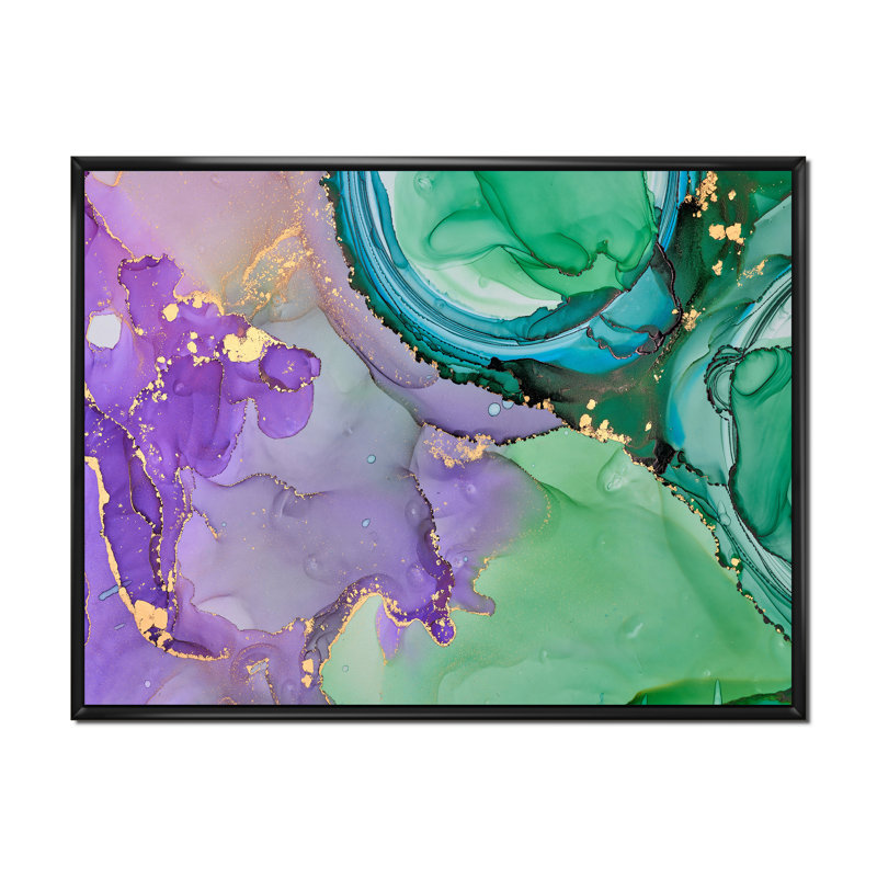 Vert et mauve luxueux abstrait fluide IV - peinture sur toile, H 16 po x l 32 po, Cadre flottant noir