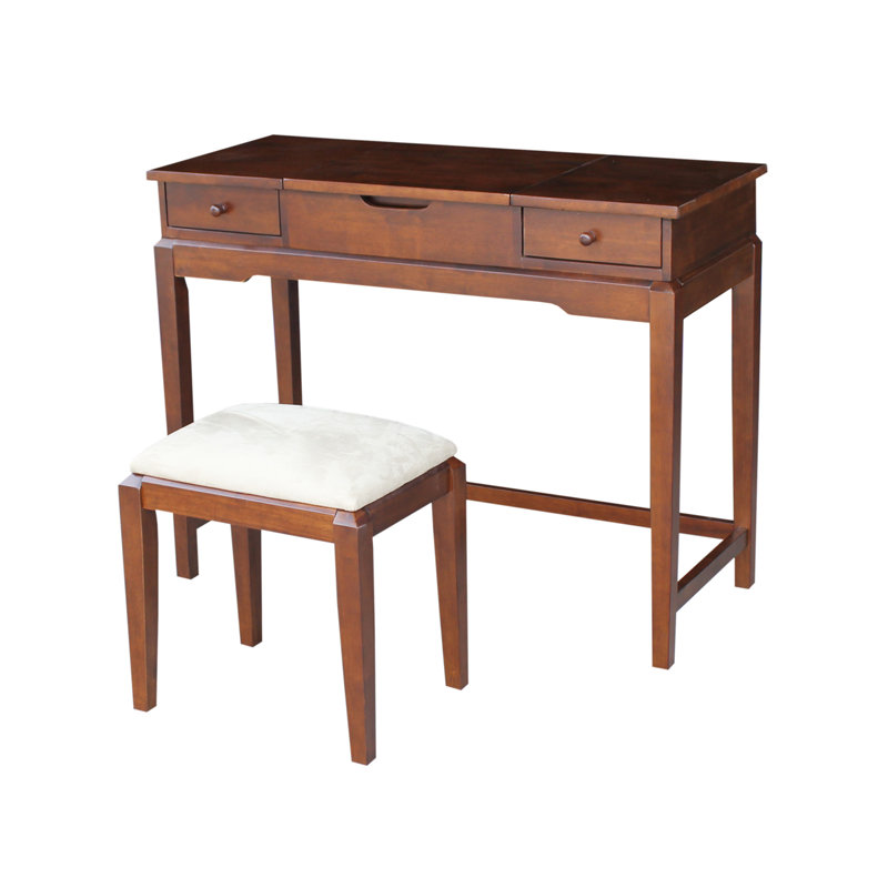 Ensemble de meuble-lavabo en bois massif avec tabouret et miroir Andalusia, Espresso