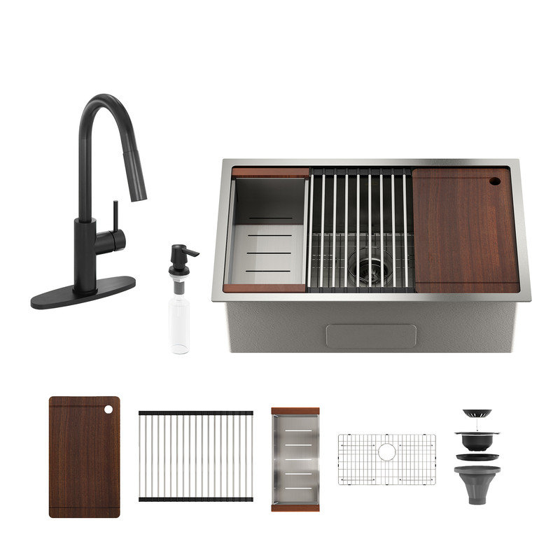 Casainc 30" L x 19" W Drop-in Stainless Steel Kitchen Sink with Faucet Included, Matte Black