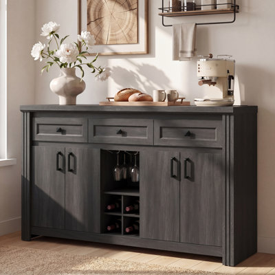 Buffet de 140 cm avec rangement, grande armoire de cuisine avec casier à vin et porte-verres, table de bar/bar de style campagnard avec 4 portes et tiroirs pour salle à manger, noir