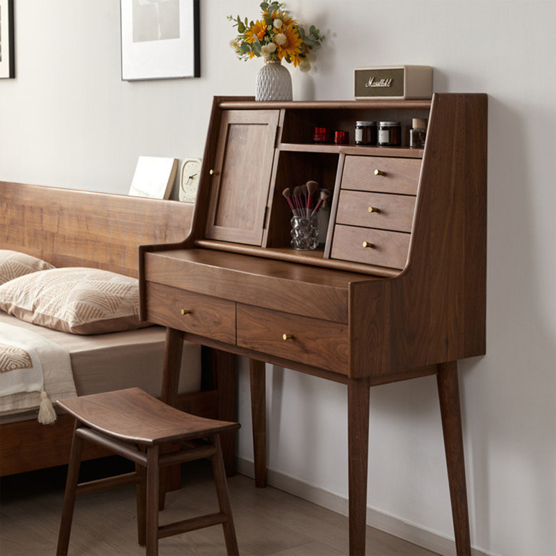 Coiffeuse 47,24 "en noyer courbé rétro avec miroir caché rabattable et rangement à tiroirs multiples