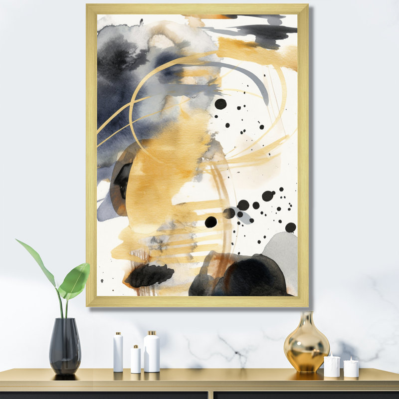 Abstrait pastel avec taches bleues et dorées sur fond noir, H 32 po x l 16 po x P 1 po, Encadrement doré
