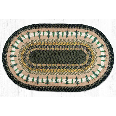  Tall Timbers Oval Patch Tread Braided Jute Rustic Area Rug with Pine Tree Design for Cabin or Lodge Decor
