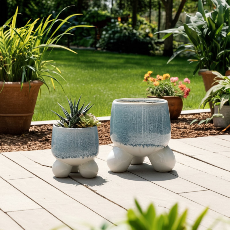 Ensemble de 2 pots à fleurs en grès avec base trépied