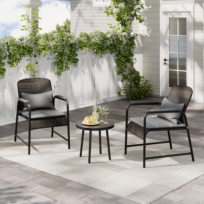 3-Piece Patio Bistro Set, Beige PE Rattan Outdoor Chairs with Metal Round Side Table, Slim Breathable Cushions, for Balcony, Patio & Garden