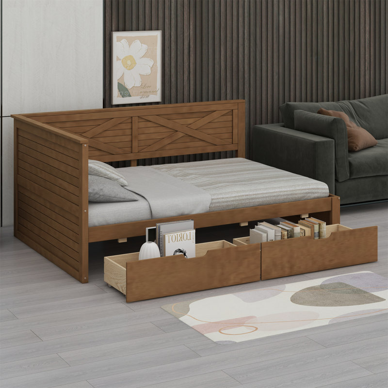 Lit de jour simple en bois avec 2 tiroirs et garde-corps rustique, Brun antique