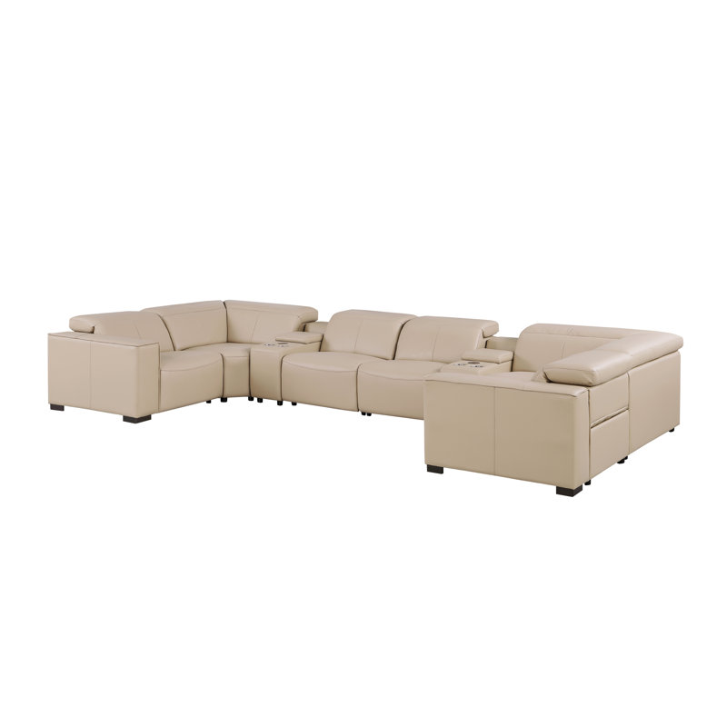 Hawthorne Luxurious 8-Piece 4-Power Reclining Genuine Leather U-Sectional With Power Headrests, Beige