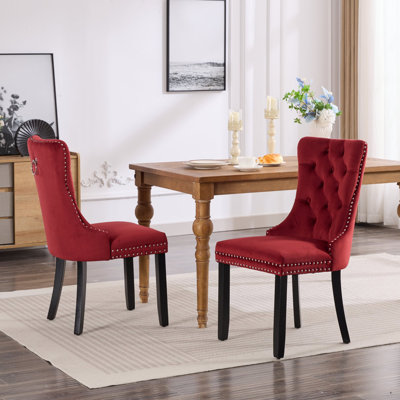 Ensemble de 2 chaises de salle à manger rembourrées en velours de haute qualité avec pieds en bois et garniture cloutée haut de gamme