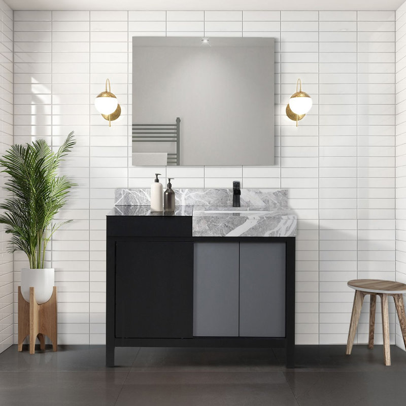 Ensemble de meuble-lavabo noir et gris l 36 po x P 22 po, comptoir en marbre gris château et robinet noir mat