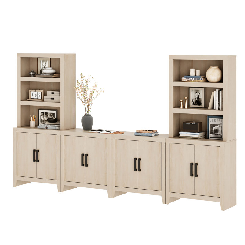 Entertainment Center With Bookshelves, 4-Piece Modular TV Stand With Storage Towers, Farmhouse Media Console With Concealed Storage For Living Room, Bedroom, Beige