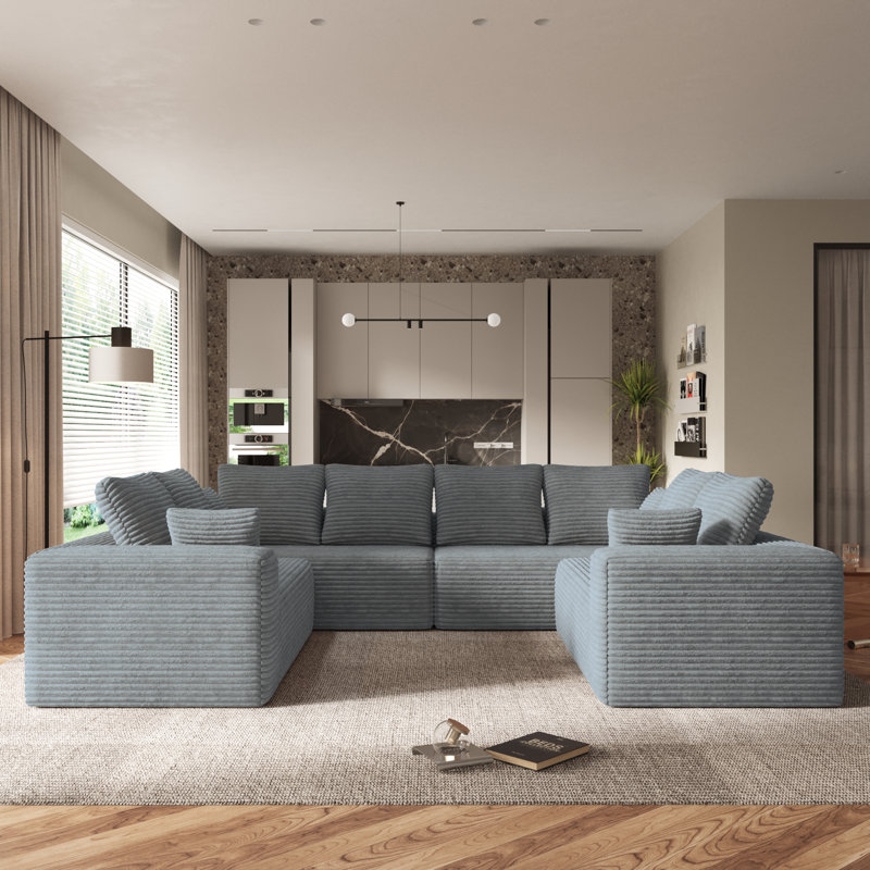 Aruba 8-Seater Modern Modular Cloud Plush Corduroy Fabric Compression Sectional Sofa,No Assembly Required, Gray Corduroy