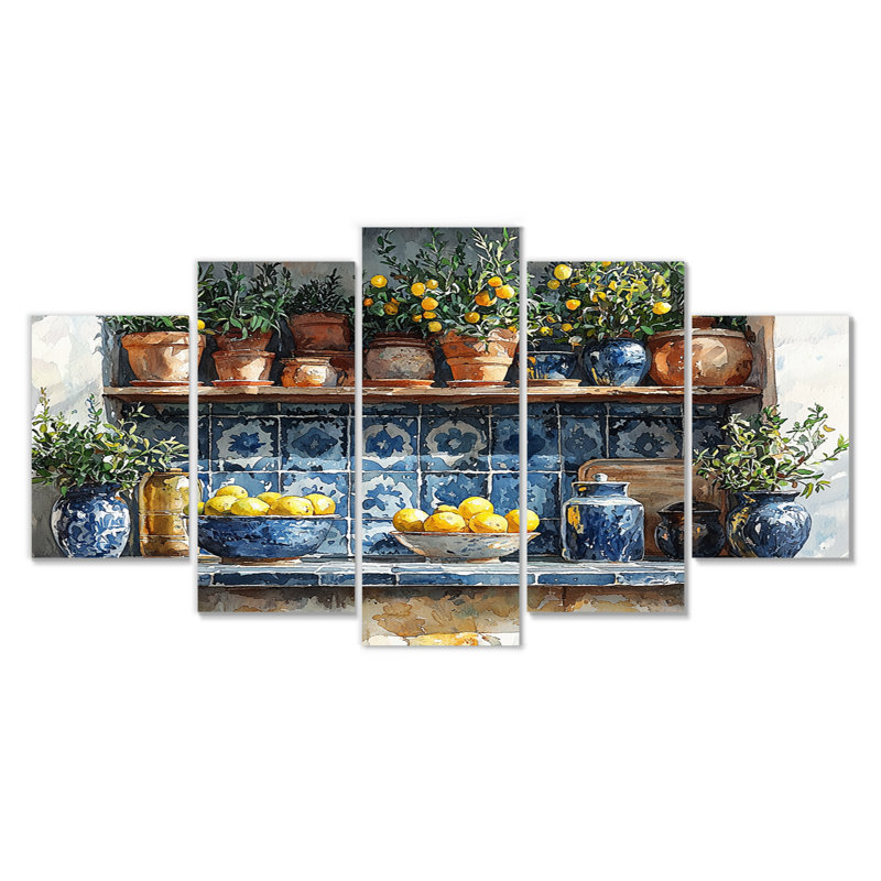 Blue And Yellow Kitchen Greek Kitchen - Kitchen Canvas Wall Art Set
