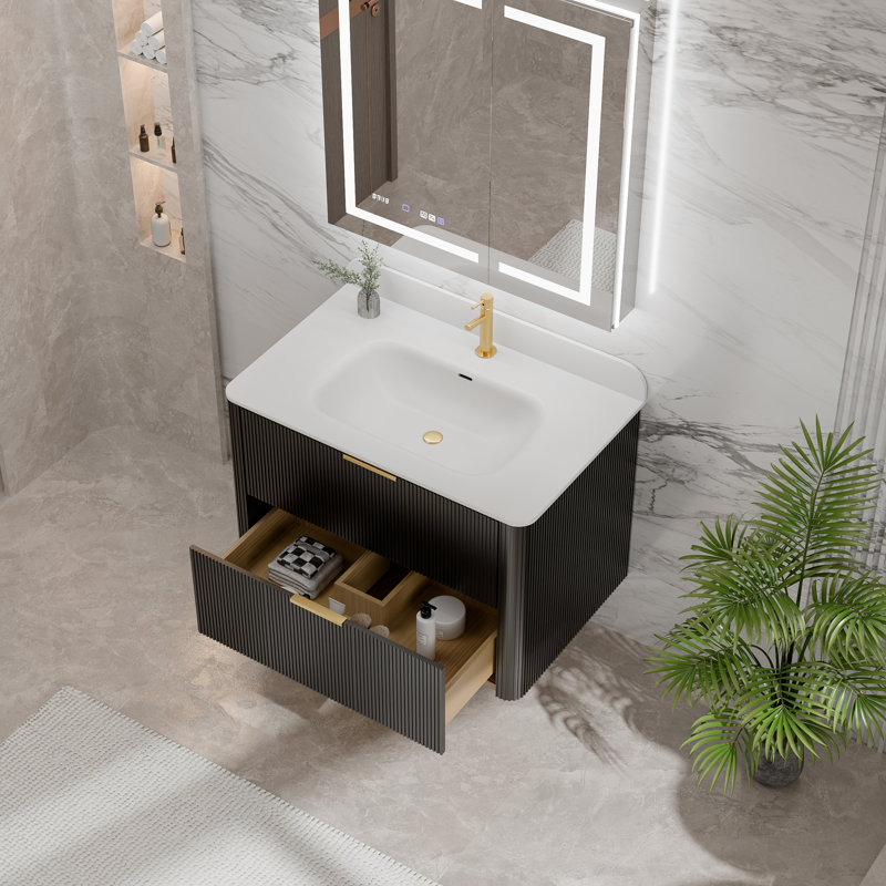 Meuble-lavabo flottant 30 po, noir, évier intégré en acrylique, poignées dorées, tiroirs à fermeture en douceur, 30"