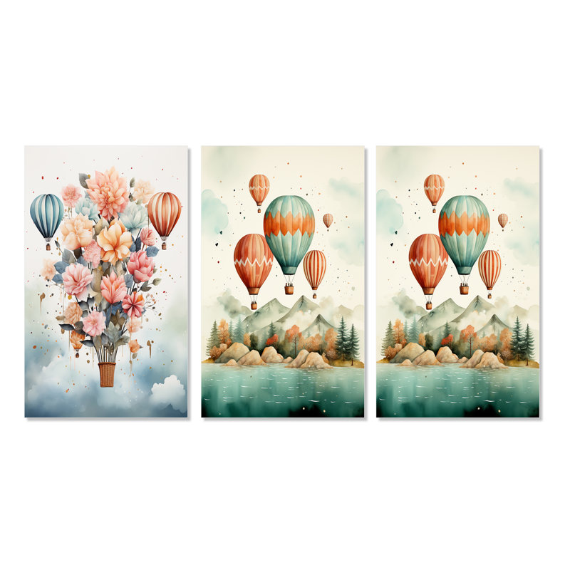 «Flying Over The Ocean In Hot Air Ballon», 3 pièces sur toile, Toile tendue, H 32 po x l 48 po
