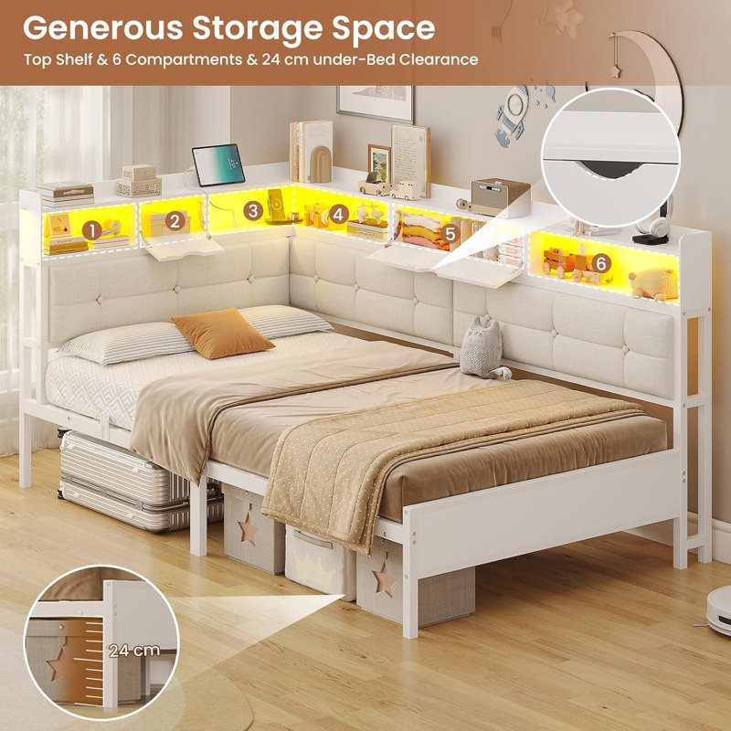 Storage Day Bed Linen Corner Bed with LED Light & Charging Station No Mattress, Single-90x190cm, Beige