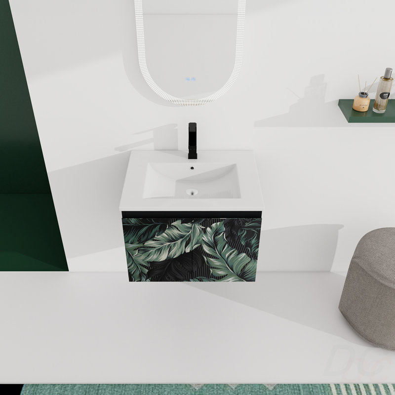 Meuble-lavabo mural 24 po avec lavabo en céramique et porte d'armoire à fermeture en douceur, ensemble KD