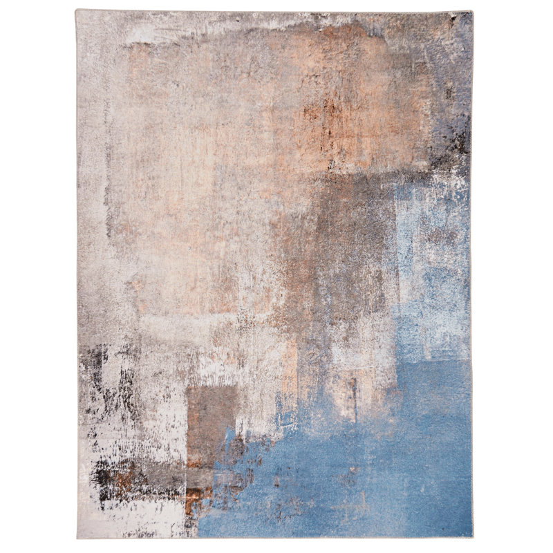 Tapis beige et bleu tissé à la machine, Rectangle 3 pi x 5 pi