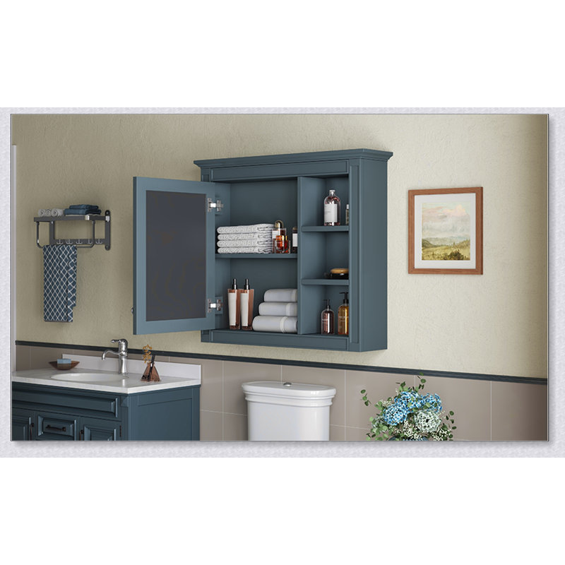 Armoire de rangement murale avec miroir, 30 po x 28 po, design moderne avec 3 tablettes ouvertes et intérieur réglable, Bleu