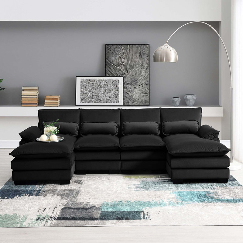 Canapé modulaire symétrique en U moderne à 6 places avec coussins de taille, Velours noir