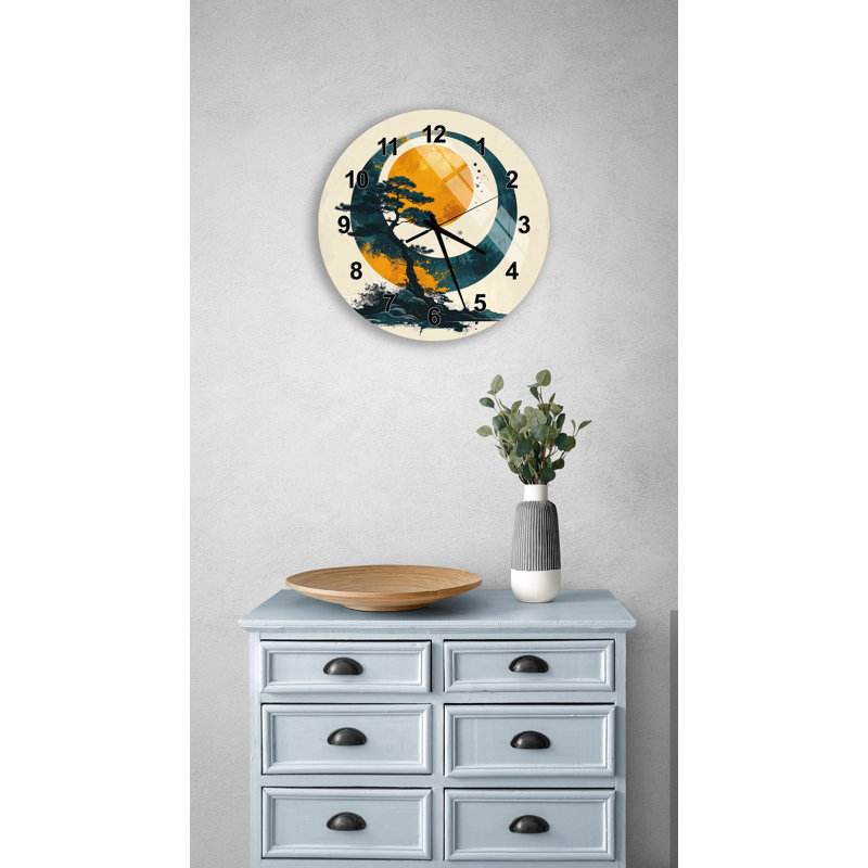 Horloge murale japonaise en verre trempé Zen Bonsai japonais, décor de lune asiatique moderne, montre à chiffres romains dorés, cadeau de pendaison de crémaillère unique
