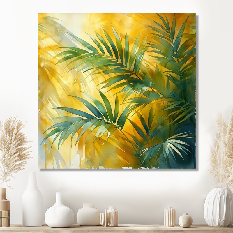 Jaune jaune vert palmiers Frond Dance II - palmiers et palmiers, art mural salon, Toile tendue, H 16 po x l 16 po