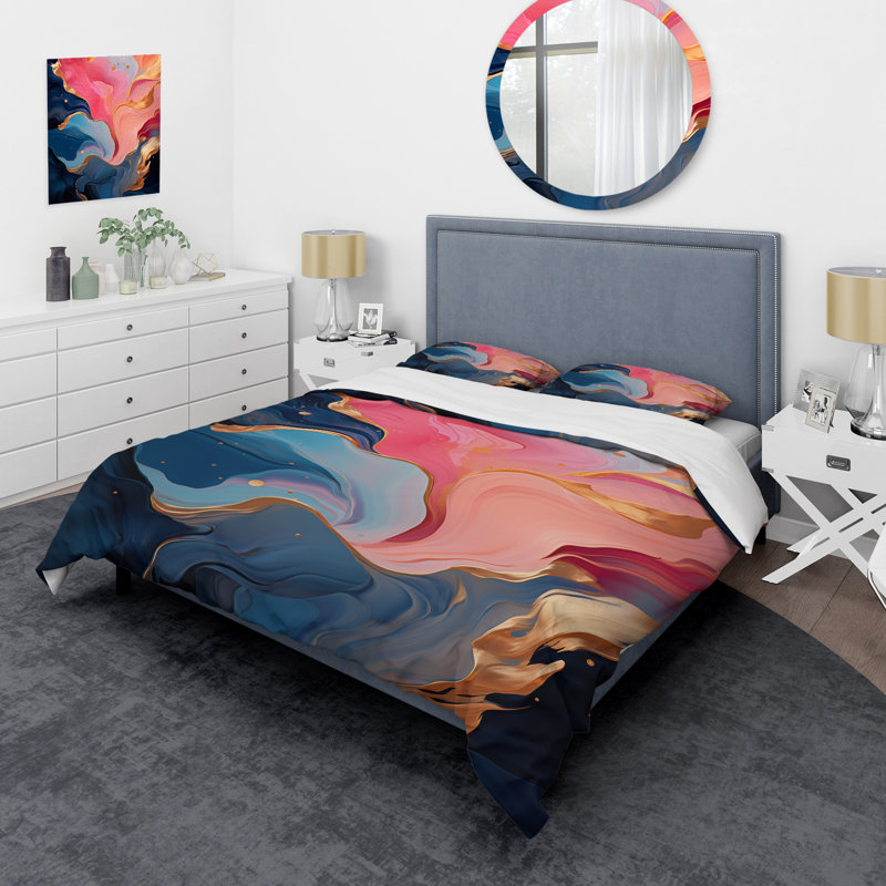 Ensemble de housse de couette à l'encre liquide rose et or, Housse de couette pour très grand lit et 2 très