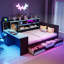 Lit de jour de jeu double avec bureau intégré et lumières, cadre de lit en bois moderne avec 3 tiroirs de rangement et station de charge intégrée