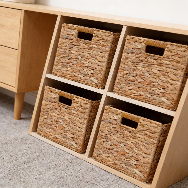 Handwoven Water Hyacinth Storage Baskets, Set Of 4 Collapsible Cube Bins For Shelves, Kitchen, Living Room, And Home Organization