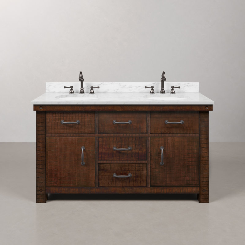 Aberdeen 60 In. Double Sink Blue Limestone Countertop Vanity In Rustic Sierra With Hook Faucets, Carrara White