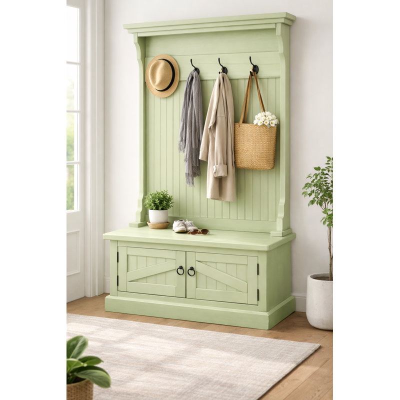 Arbre d'entrée en bois massif Kinley avec banc et rangement pour chaussures, Vert