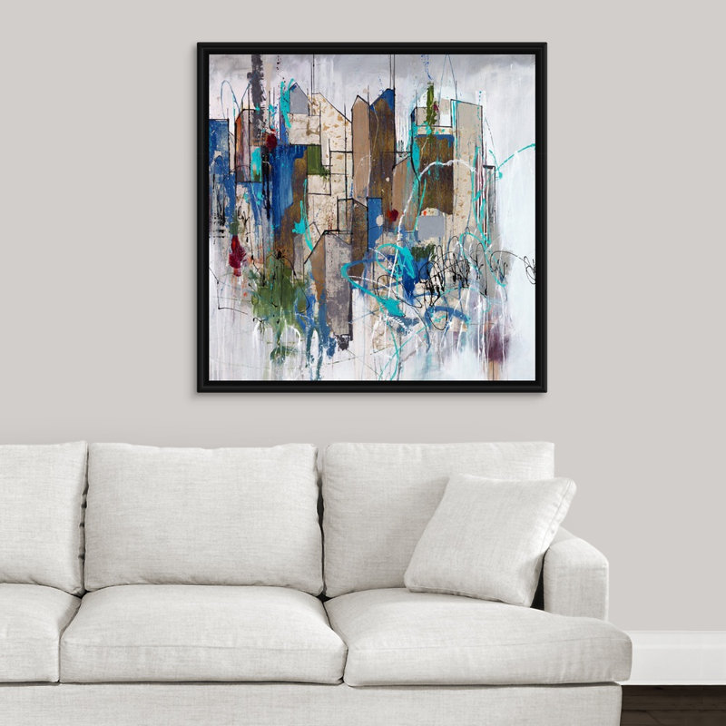« stomping ground oreillers », peinture sur toile, Cadre flottant noir, H 37,7 po x l 37,7 po x P 1,75 po