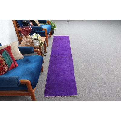 Vintage Turkish Oushak Runner Rug - Antique Overdyed Purple Kitchen Rug for Stairs 10797