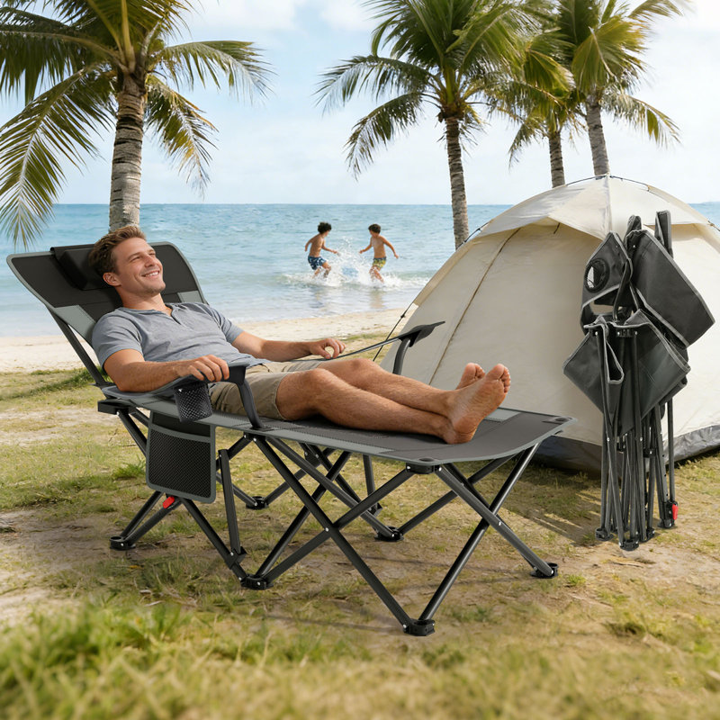 Camping Chair with Foot Rest, Adjustable 90°–140° Reclining Beach Lounge Chair, Heavy Duty 500 lbs Folding Outdoor Chair with Detachable Pillow, Cup Holder & Carry Bag, Black Oxford Fabric