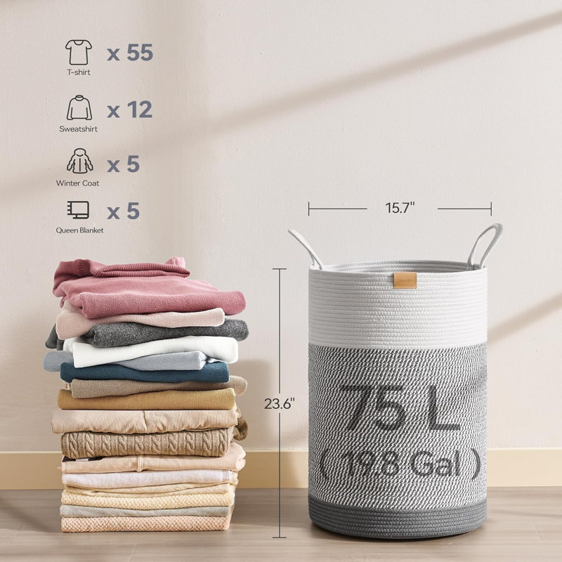 Grand panier à linge 75L, panier de rangement en corde de coton tissé avec poignées pour la chambre à coucher, la chambre de bébé, l'organisation des couvertures