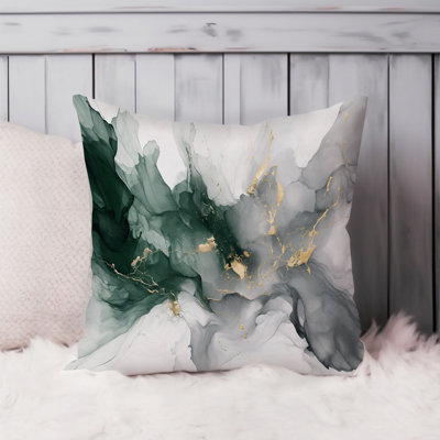 Abstract Fluid Symphony - Emerald Green,  Gold Marble Geode Modern Throw Pillow Cover