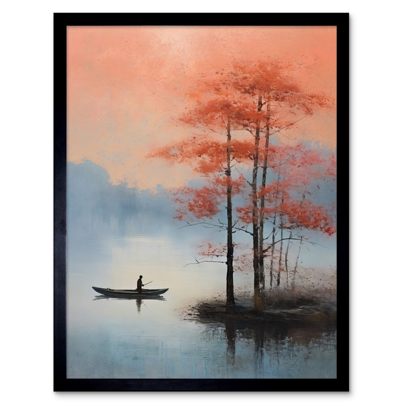 Canoe Boat On Misty Lake Painting Landscape Early Morning - Single Picture Frame Print