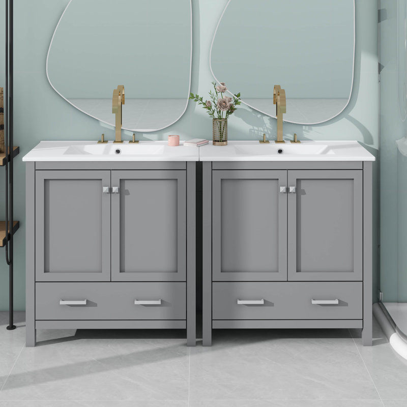 Ensemble de meuble-lavabo élégant avec lavabos en céramique et tiroirs cloisonnés, 60", Ensemble central de 4 po, Gris