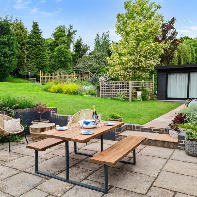 Rustic Outdoor Picnic Table with Fixed Benches - 210cm, 100cm H x 150cm W x 80 cm D