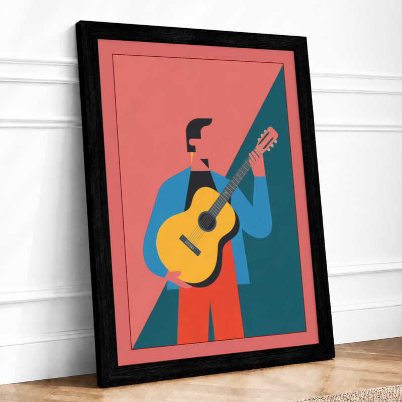 Figure with Guitar Mid-Century - Framed Print, Black, A4 - 29.7 x 21.0 cm
