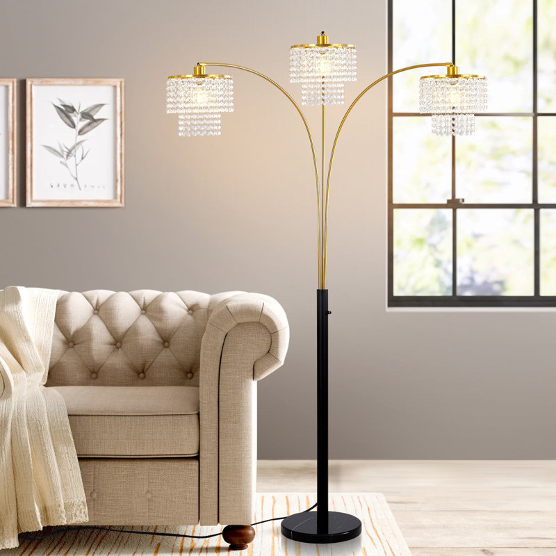 Lampe sur pied à arc moderne en cristal doré 3 lumières 85 "Brio, Blanc, Noir et or, 85"