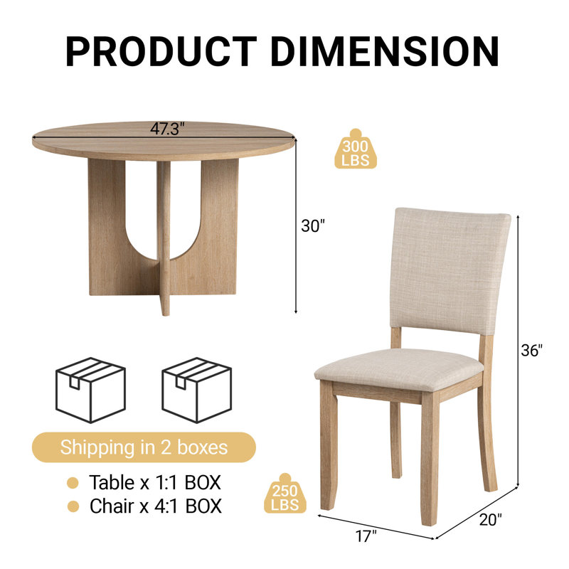 Ensemble de table de salle à manger 5 pièces avec 4 chaises rembourrées et plateau de table rond en bois massif de 47,3 po