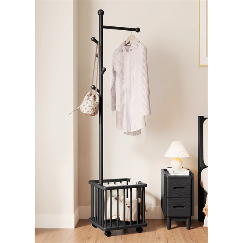 Portemanteau multifonctionnel en bois massif avec panier à linge, Noir, noir, noir, noir