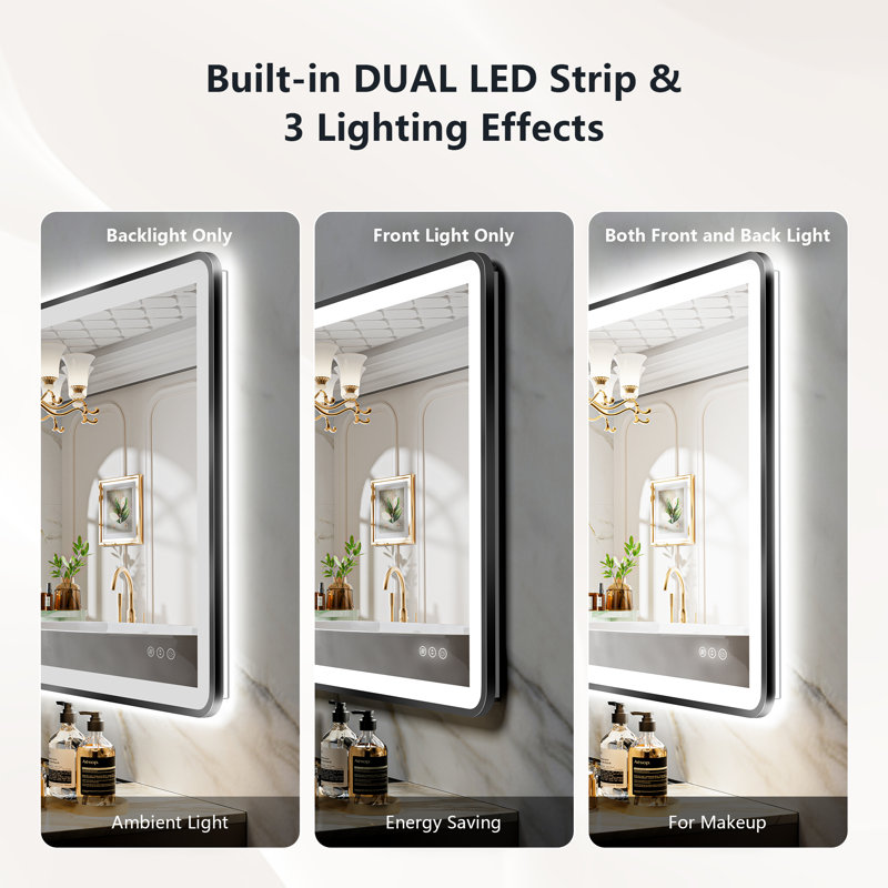 Hyosvany Matte Black Matel Framed LED Vanity Mirror with Front-lit and Back-lit, Memory Function, 3 Color Temperatures, Dimmable Light & Anti-fog Tempered Glass Mirror